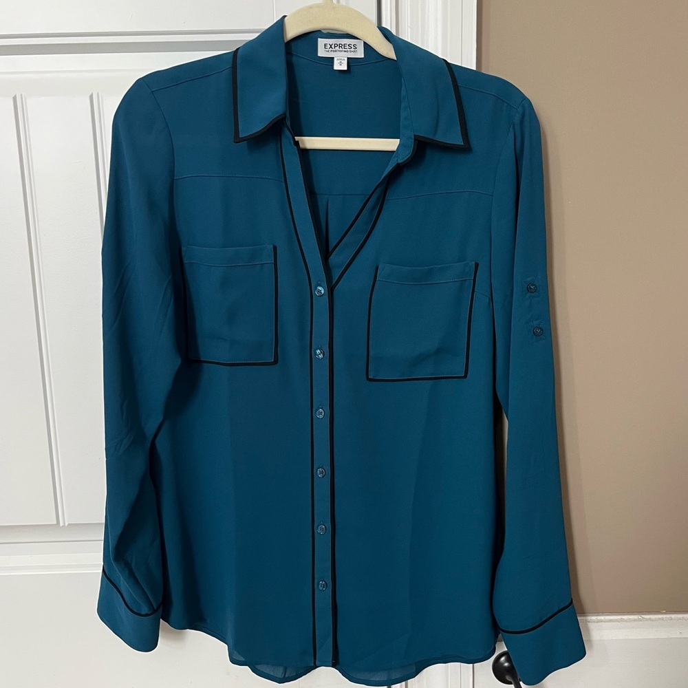 Express Dark Teal Button-Up Portofino Blouse, Medium